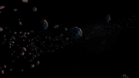 Ring Of Meteorites In Deep Space. The Camera Moves From Asteroids alt
