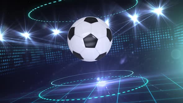 Animation of a football rotating in front of sports arena stadium lit by rows of spotlights on dark  alt