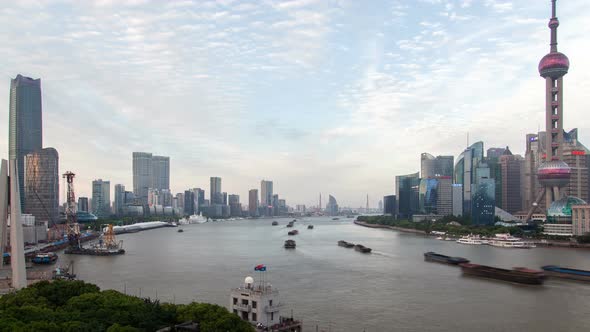 Shanghai River Urban Cityscape Aerial Skyline Panorama Timelapse at Day Zoom Out