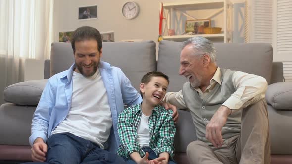 Happy Male Family Sincerely Laughing Communicating in Living Room, Generation