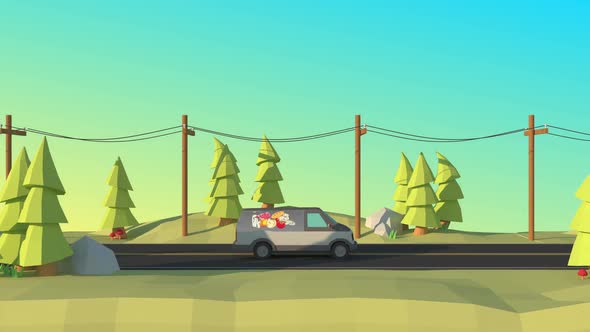 Car In The Road Loop 3D Low Poly Animation