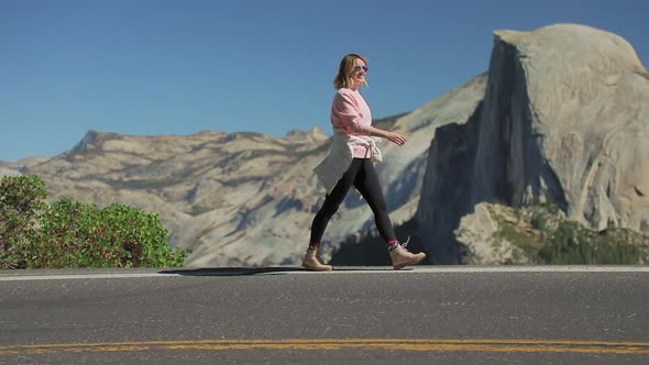 Slow Motion of Happy Woman in Casual Look with Beautiful Nature on Background