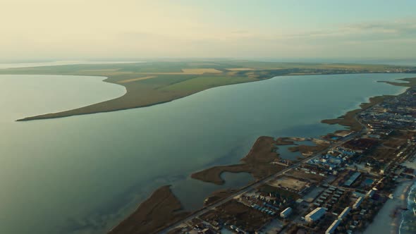 Aerial Drone Shot Narrow Long Island in Azov Sea with Long Sandy Beaches