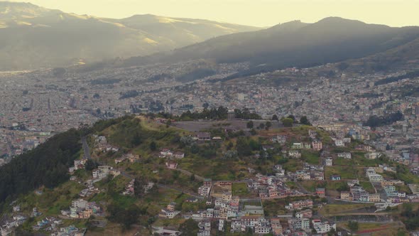 Panecillo Downtown Quito City Travelling Aerial View .Ecuador