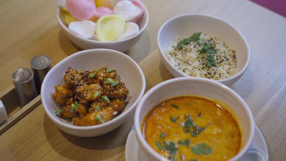 High Angle View Plates with Seafood in Restaurant Indoors