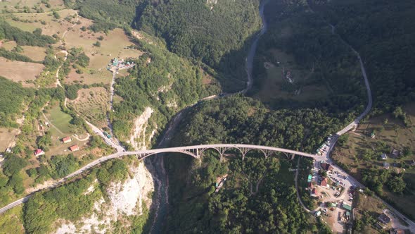 Aerial view of Tara river canyon, mountains and bridge, Montenegro, Europe