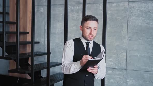 Young Business Man Caucasian Nationality with Beard Middle Aged Classic Clothes White Shirt Black