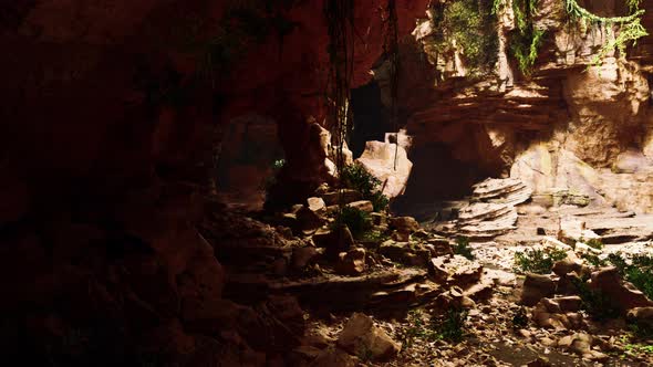 Sunlight Penetrates and Illuminates the Exit From the Cave