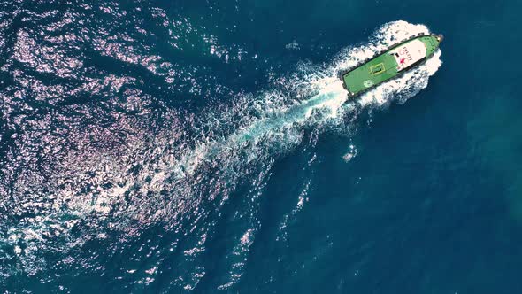 Tug Boat Sails in Port Aerial View 4 K Turkey Alanya