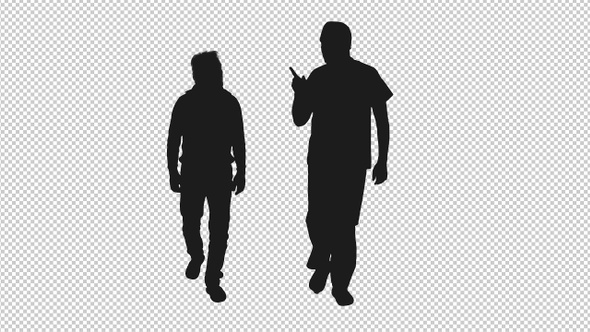 Black and White Silhouette of Two Men Talking while Walking alt