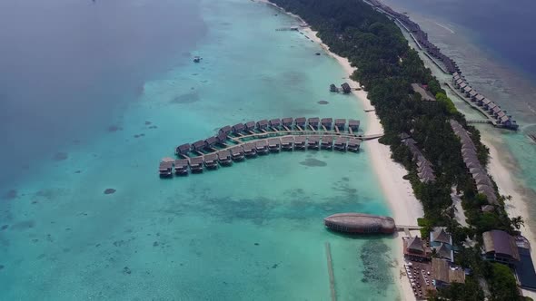 Aerial drone panorama of tropical shore beach journey by ocean and sand background