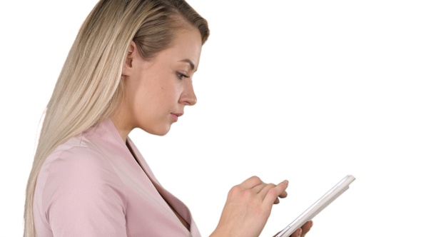 Pleasant Woman Using Tablet on White Background.