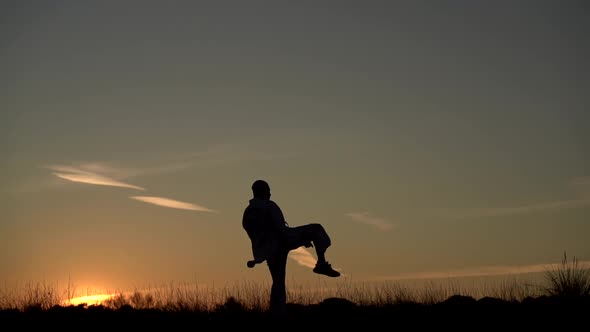 Young man practicing martial arts in nature at sunset