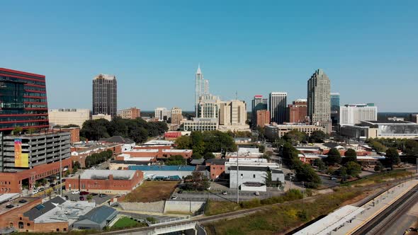 Revealing drone shot of downtown Raleigh North Carolina