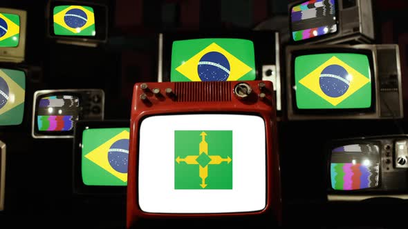 Flag of Federal District and Brazil Flags on Retro TVs.