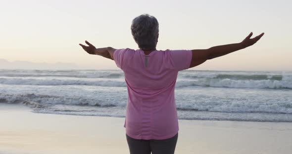 Rear view of african american senior woman with arms wide open standing on the beach