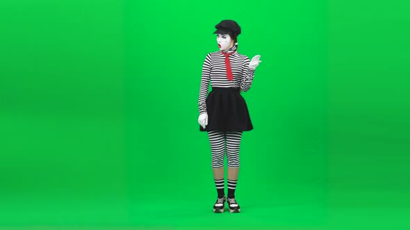 Mime Woman Is Having Call, Talking. Chroma Key. Full Length.