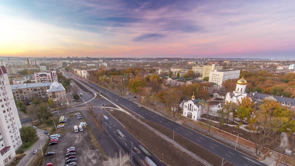 Aerial View with Road Traffic Skyscape Day to Night Timelapse