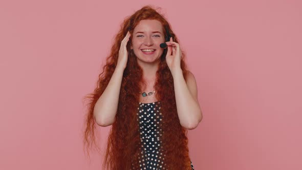 Smiling Redhead Girl Wears Headset Freelance Worker Call Center Support Service Operator Helpline