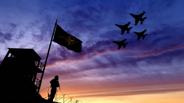 NATO Military and Warplanes Standing on the Border Demonstration