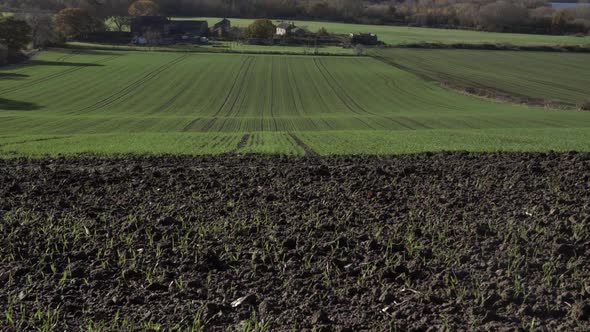 Farmland in Yorkshire with early crop shoots wide landscape crane shot