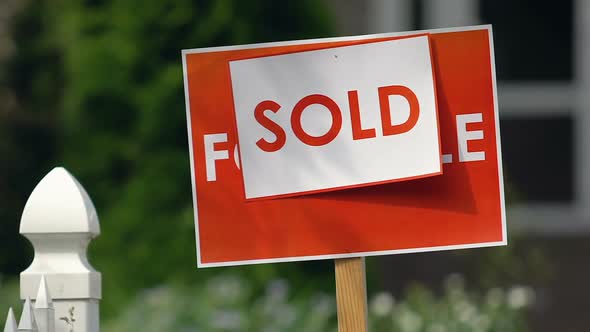 Sold Sign in House Yard Outdoors, Real Estate Purchase, Agency Service, Loan