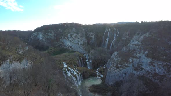 Aerial shot of a waterfall scenery, Plitvice Park