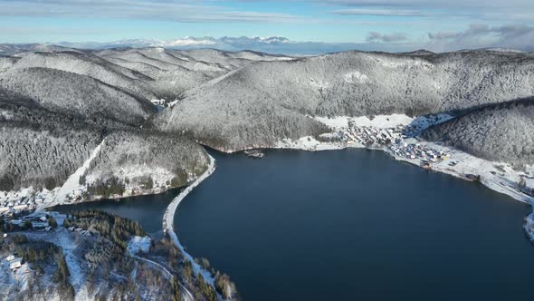 Aerial view of the Palcmanska Masa reservoir in the village of Dedinky in Slovakia