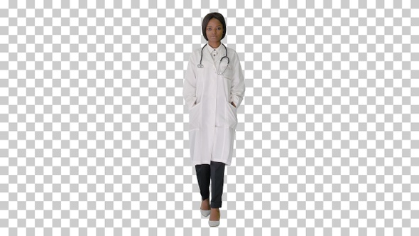 Sad African american female doctor walking, Alpha Channel