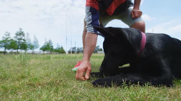 Trainer feeding food to his dog