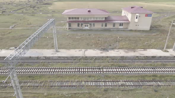 Samtskhe-Javakheti, Georgia - August 20 2021: Aerial view of Ninotsminda railway station