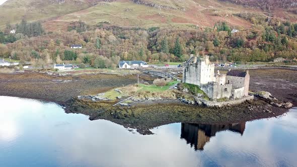 Aerial View of the Historic Eilean Donan Castle By Dornie in Autumn, Scotland