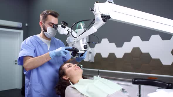 Sequence of Dentist Examining Patients Teeth with Microscope