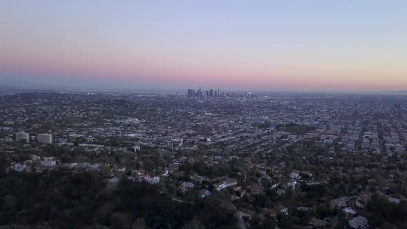 Los Angeles city center skyline seen from above at night.