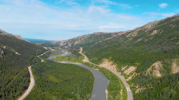 4K Drone Video of Chulitna River, Alaska Railroad and George Parks Highway Alaska Route 3 near Denal