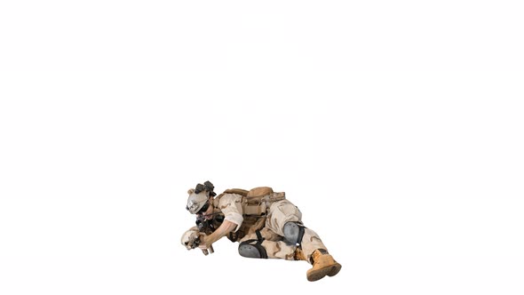 Soldier Firing From Lying Position on White Background