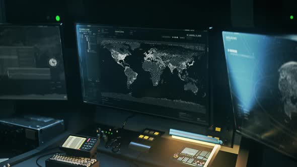 Operating the satellite network system from a futuristic military control room alt