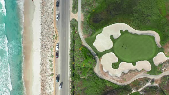 California, USA. Cinematic Footage of Golf Course at Beautiful White Sandy Beach