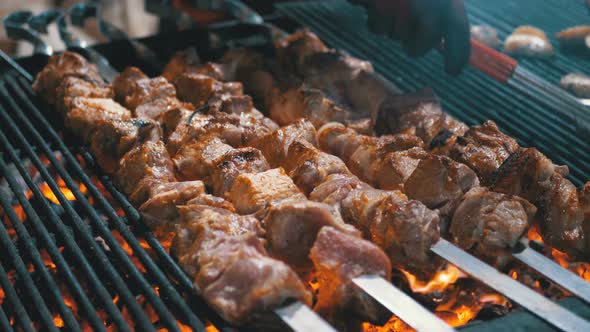 Meat Grilled on Skewers on the Grill on the Street Market