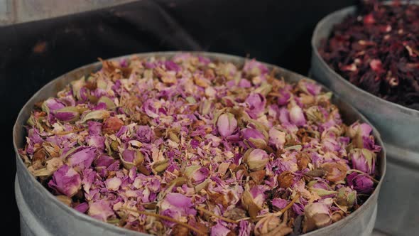 Selection of Different Arabian Spices on a Traditional Moroccan Market Souk in Marrakech, Morocco. A