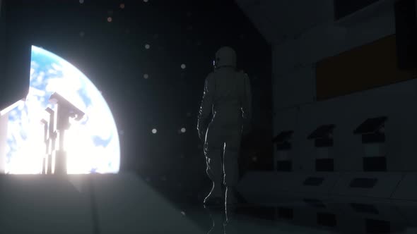 Astronaut Walking in Futuristic Spaceship Scifi Shuttle Corridor