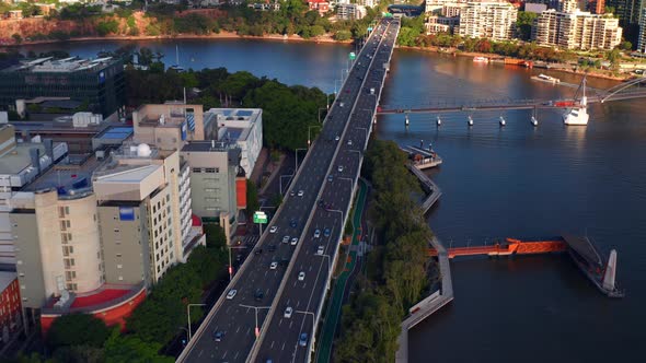 Cars Driving On Pacific Motorway To Captain Cook Bridge Across The Brisbane River In QLD, Australia.