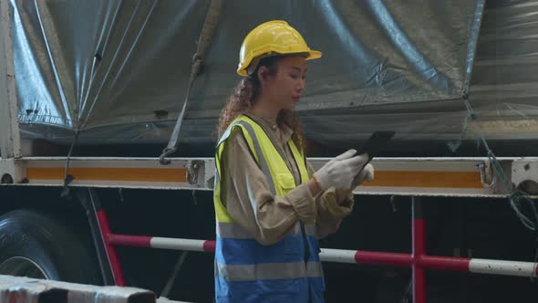 Industrial woman curly hair engineer wear safety uniform with hardhat checking metal sheet on truck