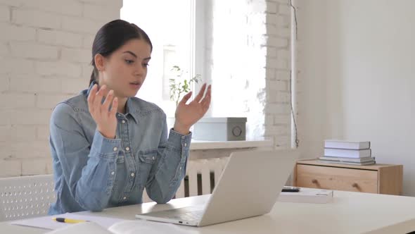 Loss Frustrated Young Girl Working on Laptop