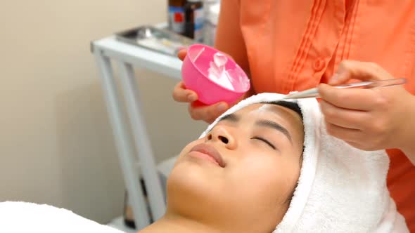 Cosmetologist Applies Facial Mask Female Face