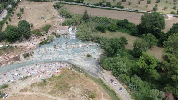 Aerial view of Terme di Saturnia natural pools in Tuscany, Italy, Europe