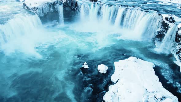 Godafoss Aerial Shot Famous Waterfall in Iceland Frozen Waterfall in Winter a Magical Winter