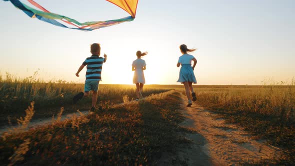 Happy Young Mother with a Children Play Kites Together on Park