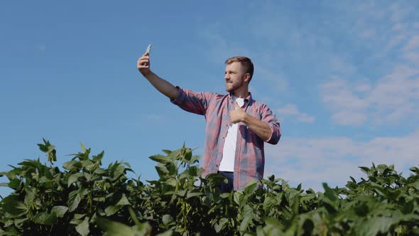 A Young Farmer Takes a Selfie in the Field of Soybeans He Grows