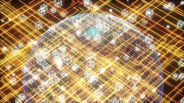 Data lines and earth model,glowing lines and cubes.